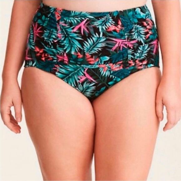Torrid High Waist Ruched Swim Bottom Women's Size 2X Green Palm Fern Print - Picture 1 of 8